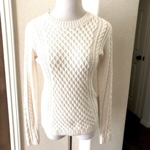 Fishermans Cable Knit Sweater Beachy Preppy Creme Crew Neck Small Viscose Coast